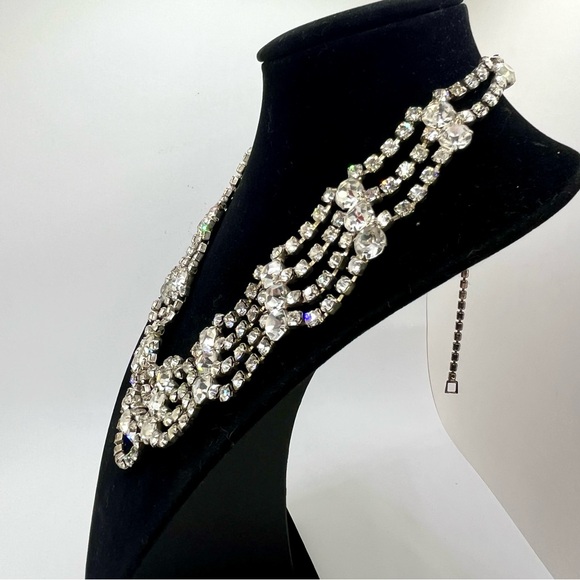 Vintage Multi Strand Rhinestone Necklace Earrings Set | Silver Tone | Statement - Picture 10 of 16